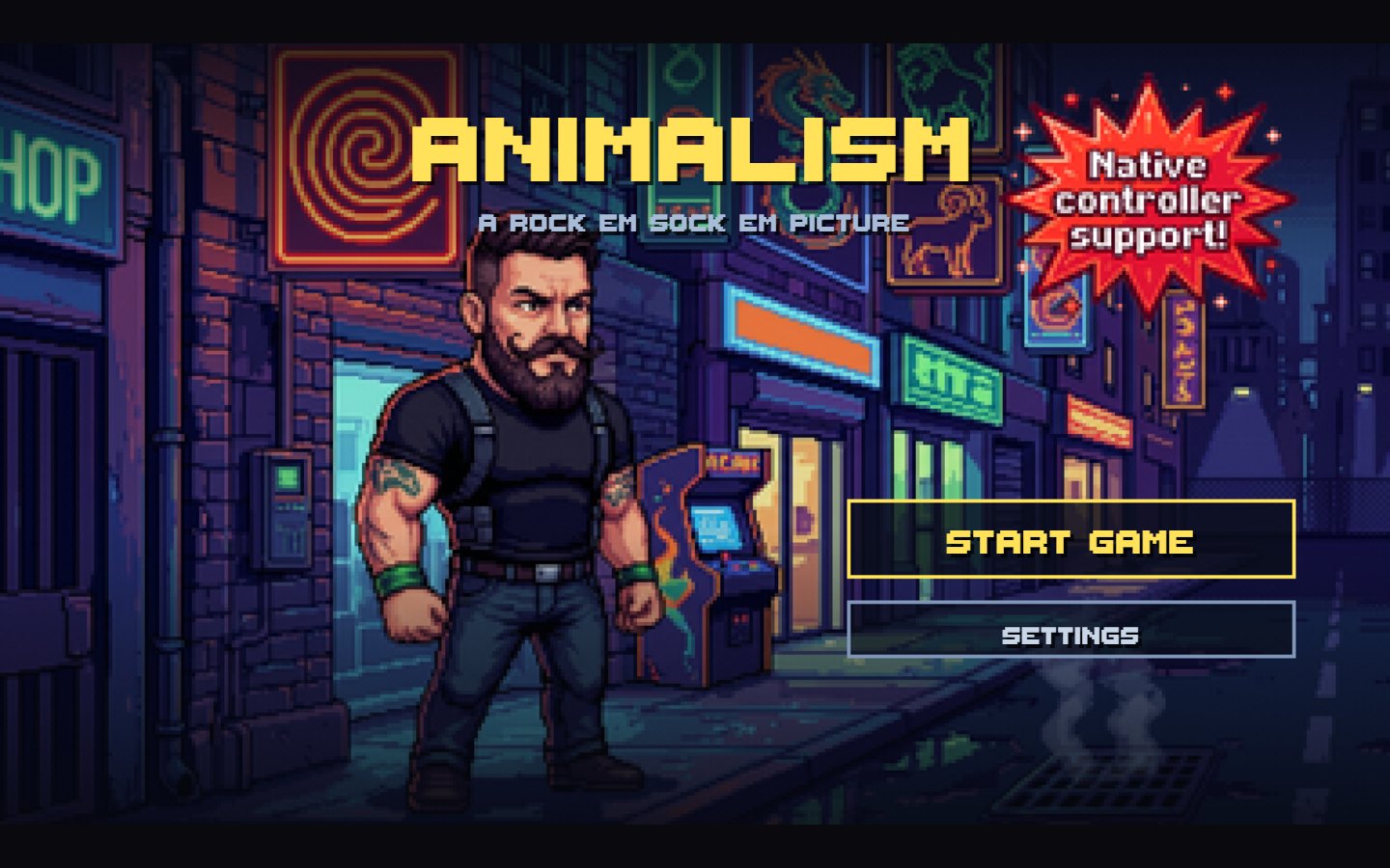 The Animalism title screen: a pixel-art fighter standing on a neon-lit street at night, with START GAME and SETTINGS buttons beside him.