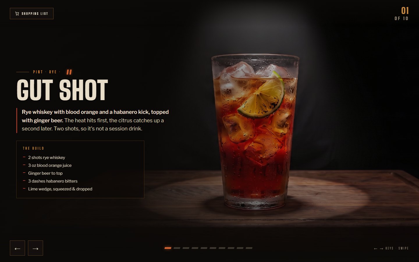 A whiskey menu on a dark screen: a photographed cocktail fills the right half, with the drink's name, description and build listed beside it.
