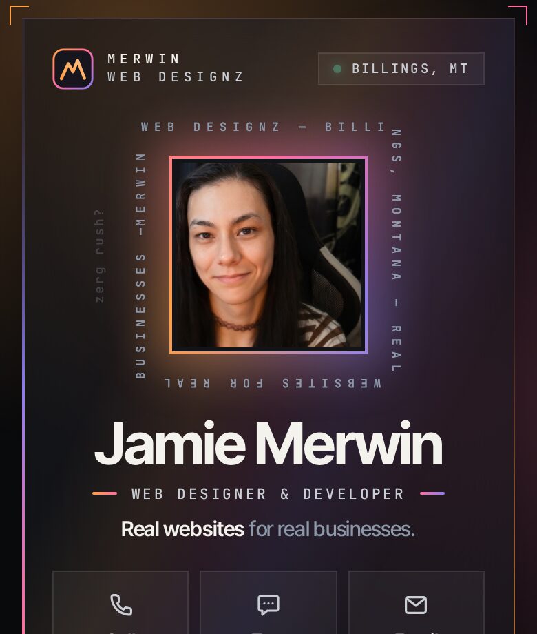 Jamie Merwin's digital card on a phone: her photo in a square frame, her name, Web designer and developer, and buttons to call, text and email.