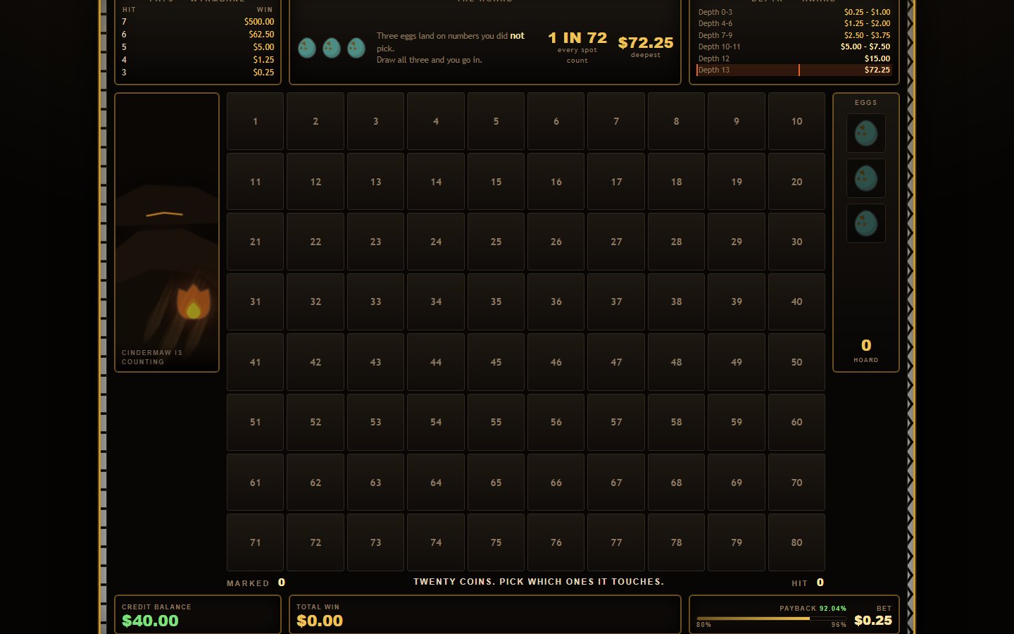 Wyrmhoard Keno: an eighty-number keno grid in gold on black, with the balance, the current bet and the odds of the selected pick shown along the top.