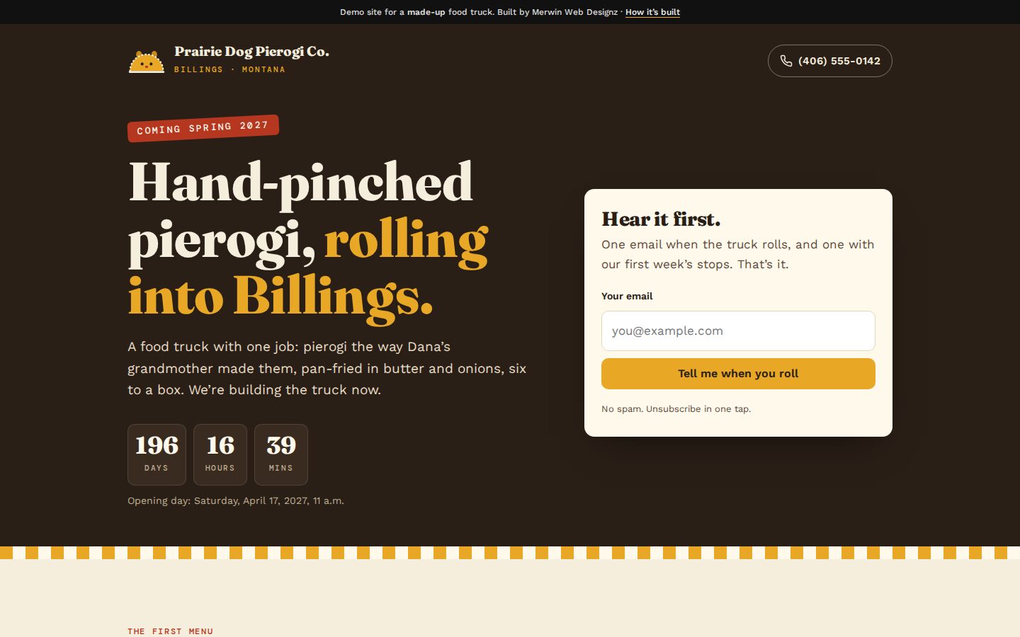 A coming-soon website for a made-up food truck: a dark brown hero, the headline Hand-pinched pierogi, rolling into Billings, a countdown and an email sign-up.
