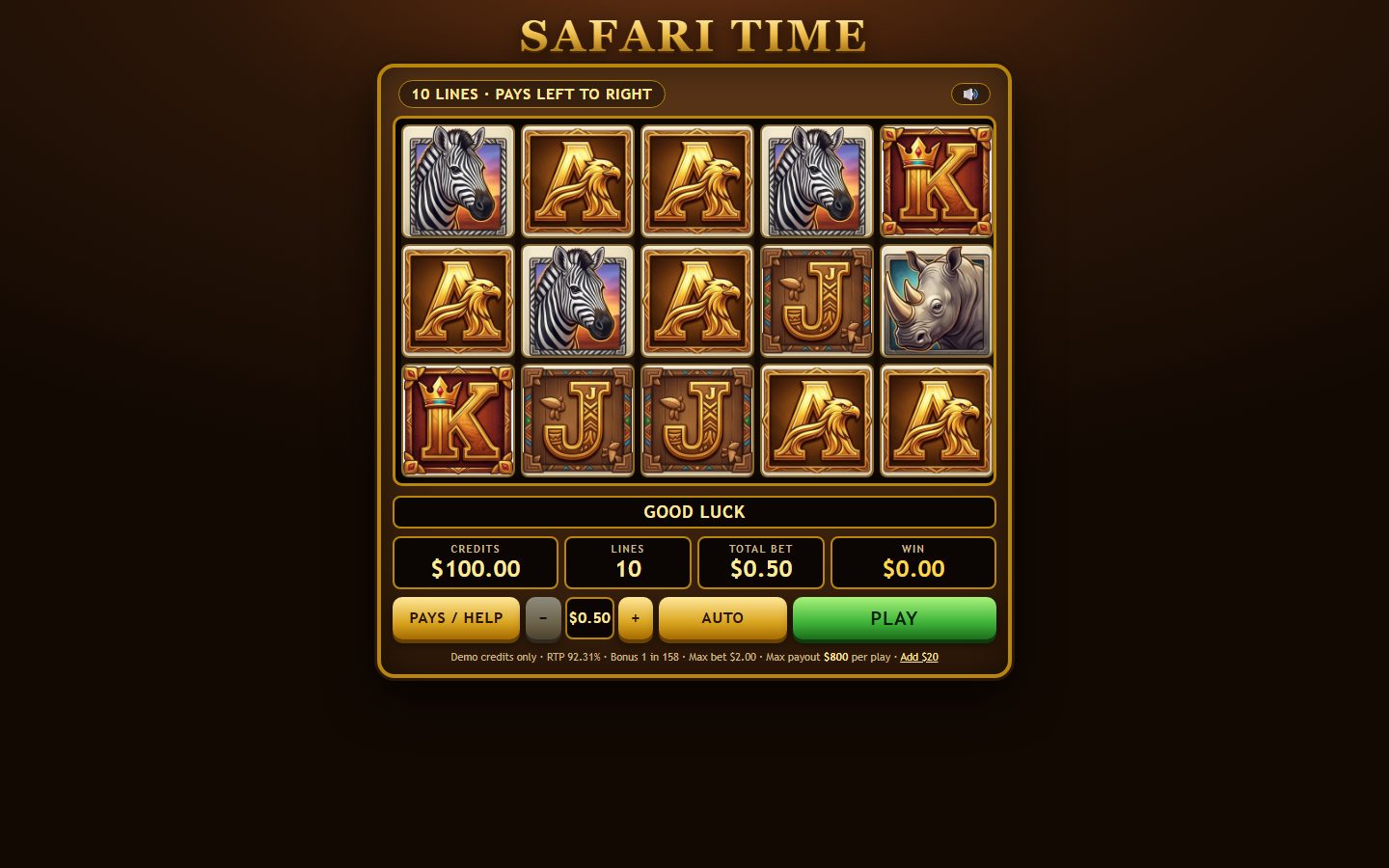 Safari Time: a five-reel, three-row slot showing zebra, rhino and gold letter symbols in carved wooden frames, with credit, line, bet and win meters and a green PLAY button beneath.