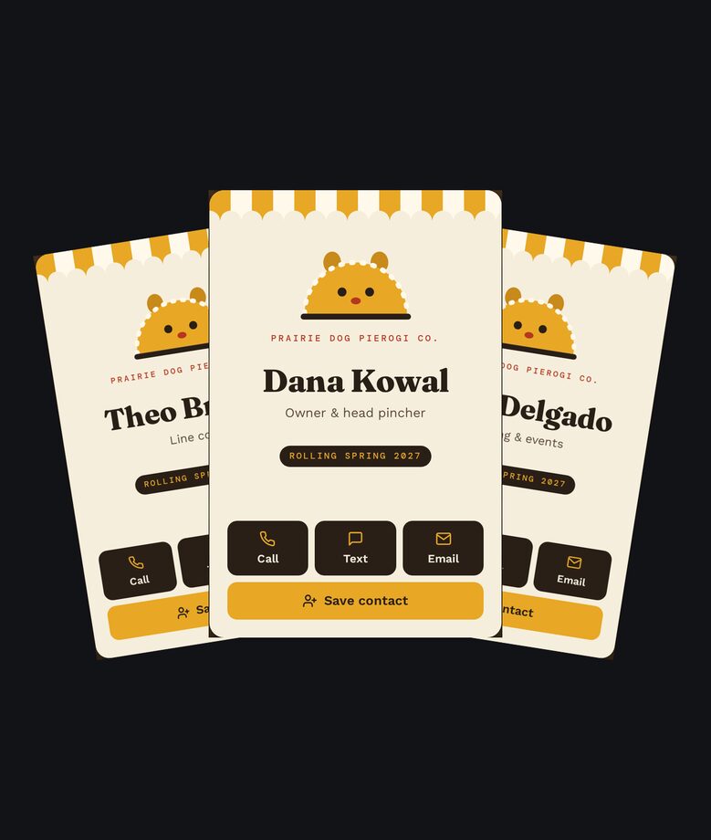 Three matching digital cards for a made-up food truck's crew: the owner, a line cook and the catering lead, each with call, text, email and save buttons.